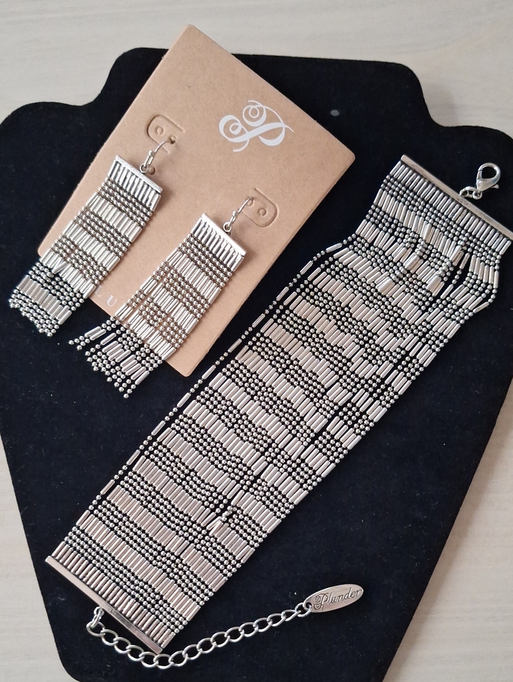 Plunder Silver Beaded Fringe Statement Earrings & Matching Cuff Bracelet Set NWT